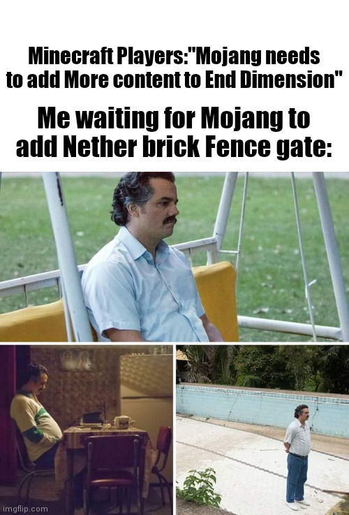 Where nether fence gate | Minecraft Players:"Mojang needs to add More content to End Dimension"; Me waiting for Mojang to add Nether brick Fence gate: | image tagged in memes,sad pablo escobar,minecraft | made w/ Imgflip meme maker