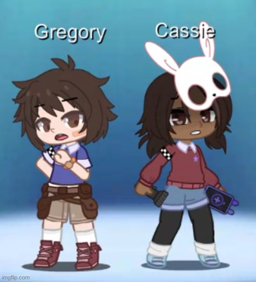 Redesigned Gregory and Cassie for the AU, and in general. Ask them stuff idk (GREGORY: OMG THEYRE SO CUTEEEE) | image tagged in fnaf,ruin,fnaf security breach,gacha club | made w/ Imgflip meme maker
