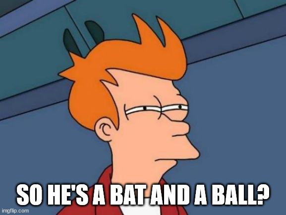 Futurama Fry Meme | SO HE'S A BAT AND A BALL? | image tagged in memes,futurama fry | made w/ Imgflip meme maker