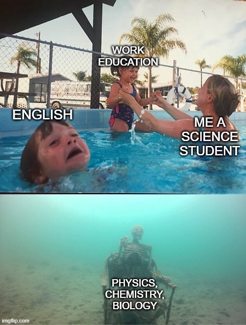 Mother Ignoring Kid Drowning In A Pool | WORK EDUCATION; ENGLISH; ME A SCIENCE STUDENT; PHYSICS, CHEMISTRY, BIOLOGY | image tagged in mother ignoring kid drowning in a pool | made w/ Imgflip meme maker