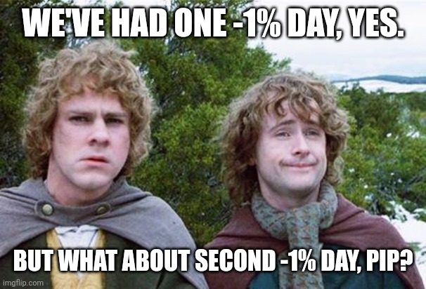 Second Breakfast | WE'VE HAD ONE -1% DAY, YES. BUT WHAT ABOUT SECOND -1% DAY, PIP? | image tagged in second breakfast | made w/ Imgflip meme maker