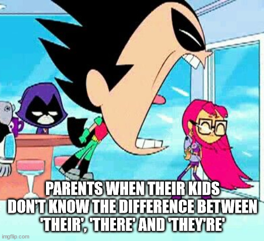 robin yelling at starfire | PARENTS WHEN THEIR KIDS DON'T KNOW THE DIFFERENCE BETWEEN 'THEIR', 'THERE' AND 'THEY'RE' | image tagged in robin yelling at starfire | made w/ Imgflip meme maker