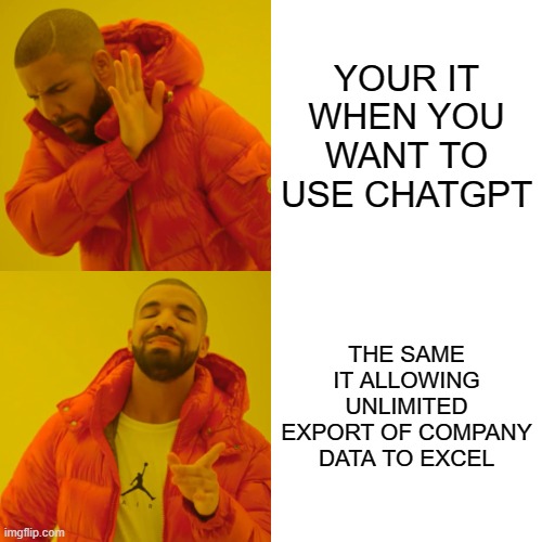 Drake Hotline Bling Meme | YOUR IT WHEN YOU WANT TO USE CHATGPT; THE SAME IT ALLOWING UNLIMITED EXPORT OF COMPANY DATA TO EXCEL | image tagged in memes,drake hotline bling | made w/ Imgflip meme maker