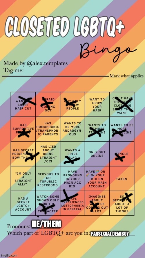 just to annoy you homophobic idiots :) | HE/THEM; PANSEXUAL DEMIBOY | image tagged in closeted lgbtq bingo | made w/ Imgflip meme maker