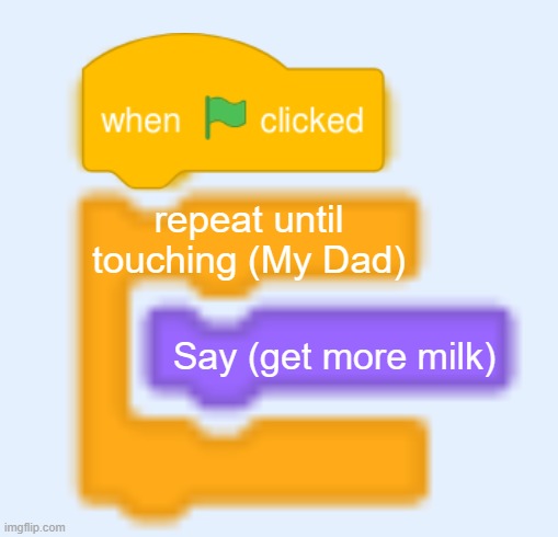 (Put inside a condition so if your dad doesn’t get back after 100 repetitions, go to (dad). -Mod) | repeat until touching (My Dad); Say (get more milk) | image tagged in scratch blocks | made w/ Imgflip meme maker