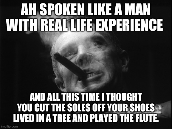 General Ripper (Dr. Strangelove) | AH SPOKEN LIKE A MAN WITH REAL LIFE EXPERIENCE AND ALL THIS TIME I THOUGHT YOU CUT THE SOLES OFF YOUR SHOES LIVED IN A TREE AND PLAYED THE F | image tagged in general ripper dr strangelove | made w/ Imgflip meme maker