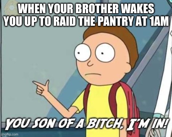 1AM food just hits different | WHEN YOUR BROTHER WAKES YOU UP TO RAID THE PANTRY AT 1AM | image tagged in you son of a bitch i'm in,funny,relatable | made w/ Imgflip meme maker