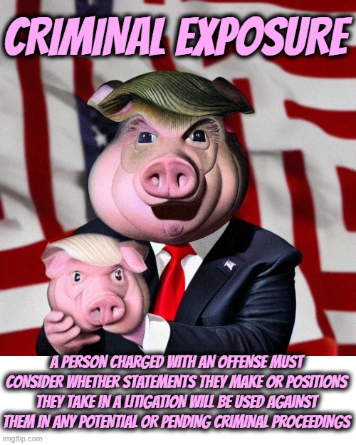 ---  CRIMINAL EXPOSURE  --- | CRIMINAL EXPOSURE; A PERSON CHARGED WITH AN OFFENSE MUST CONSIDER WHETHER STATEMENTS THEY MAKE OR POSITIONS THEY TAKE IN A LITIGATION WILL BE USED AGAINST THEM IN ANY POTENTIAL OR PENDING CRIMINAL PROCEEDINGS | image tagged in criminal exposure,statement,position,litigation,offense,criminal proceedings | made w/ Imgflip meme maker