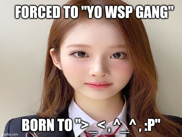 forced to "yo wsp gang" born to ">_< , ^_^ , :P" | FORCED TO "YO WSP GANG"; BORN TO ">_< , ^_^ , :P" | image tagged in kpop,loona,memes,funny,loser,emoticons | made w/ Imgflip meme maker