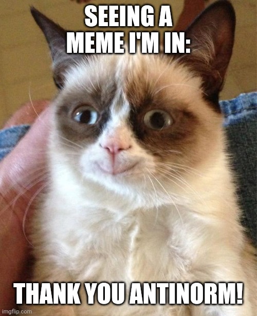 Grumpy Cat Happy Meme | SEEING A MEME I'M IN: THANK YOU ANTINORM! | image tagged in memes,grumpy cat happy,grumpy cat | made w/ Imgflip meme maker