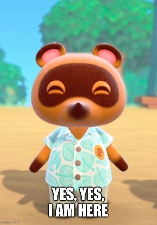 Tom Nook | YES, YES, I AM HERE | image tagged in tom nook | made w/ Imgflip meme maker