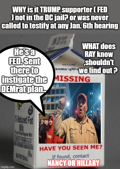 Milk Cartoon RAY | WHY is it TRUMP supporter ( FED ) not in the DC jail? or was never called to testify at any Jan. 6th hearing; WHAT does RAY know ,shouldn't we find out ? He's a FED. Sent there to instigate the DEMrat plan.. NANCY OR HILLARY | image tagged in nwo,fbi door breach,who | made w/ Imgflip meme maker