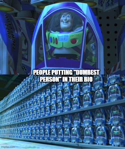 "dumbest person" | PEOPLE PUTTING "DUMBEST PERSON" IN THEIR BIO | image tagged in buzz lightyear clones | made w/ Imgflip meme maker
