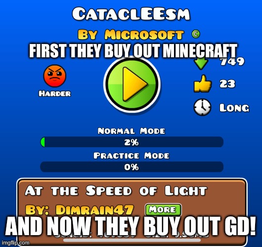 Microsoft bought out GD? | FIRST THEY BUY OUT MINECRAFT; AND NOW THEY BUY OUT GD! | image tagged in memes,geometry dash,aaaaaaaaaaaaaaaaaaaaaaaaaaa | made w/ Imgflip meme maker