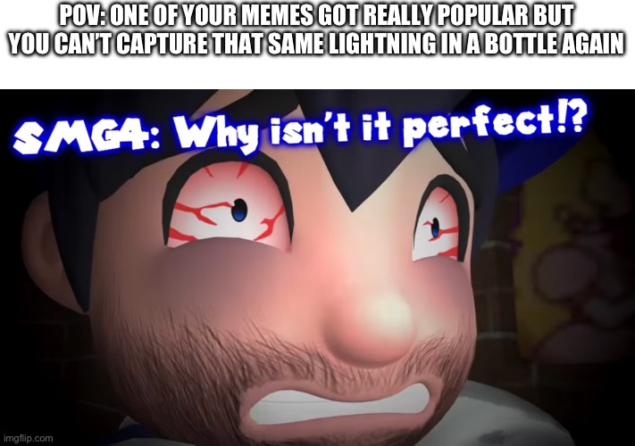 Why isn’t it perfect? | POV: ONE OF YOUR MEMES GOT REALLY POPULAR BUT YOU CAN’T CAPTURE THAT SAME LIGHTNING IN A BOTTLE AGAIN | image tagged in why isn t it perfect,smg4,memes | made w/ Imgflip meme maker