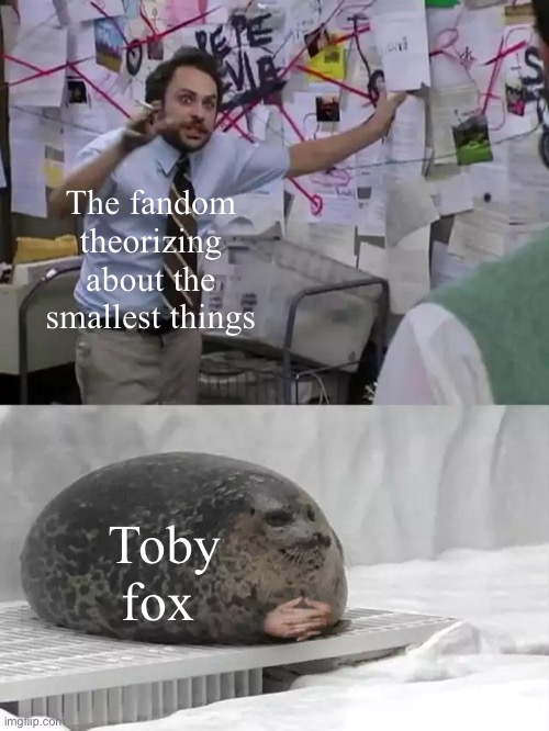 Man explaining to seal | The fandom theorizing about the smallest things; Toby fox | image tagged in man explaining to seal | made w/ Imgflip meme maker