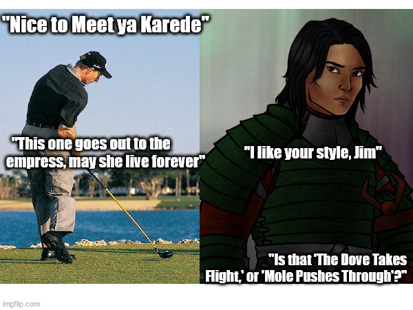 Furyk vs. Furyk | "Nice to Meet ya Karede"; "This one goes out to the empress, may she live forever"; "I like your style, Jim"; "Is that 'The Dove Takes Flight,' or 'Mole Pushes Through'?" | image tagged in wot | made w/ Imgflip meme maker