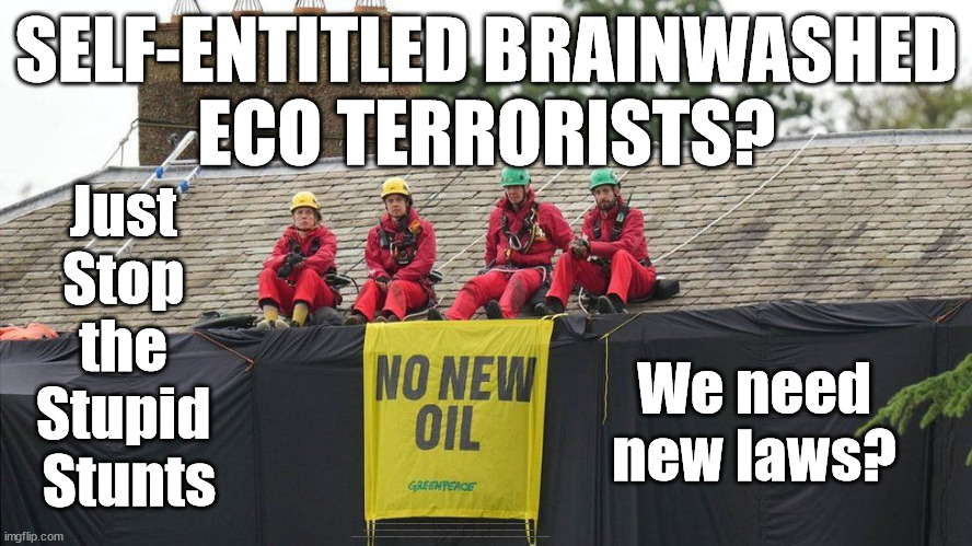Greenpeace - Just Stop the Stupid Stunts - Just Stop Oil | SELF-ENTITLED BRAINWASHED
ECO TERRORISTS? Just 
Stop 
the 
Stupid 
Stunts; We need
new laws? #IMMIGRATION #STARMEROUT #LABOUR #JONLANSMAN #WEARECORBYN #KEIRSTARMER #DIANEABBOTT #MCDONNELL #CULTOFCORBYN #LABOURISDEAD #MOMENTUM #LABOURRACISM #SOCIALISTSUNDAY #NEVERVOTELABOUR #SOCIALISTANYDAY #ANTISEMITISM #SAVILE #SAVILEGATE #PAEDO #WORBOYS #GROOMINGGANGS #PAEDOPHILE #ILLEGALIMMIGRATION #IMMIGRANTS #INVASION #STARMERRESIGN #STARMERISWRONG #SIRSOFTIE #SIRSOFTY #PATCULLEN #CULLEN #RCN #NURSE #NURSING #STRIKES #SUEGRAY #BLAIR #STEROIDS #ECONOMY #JUSTSTOPOIL #DALEVINCE #GREENPEACE | image tagged in illegal immigration,stop boats rwanda,ulez tax khan,labourisdead,dalevince just stop oil,starmerout getstarmerout | made w/ Imgflip meme maker