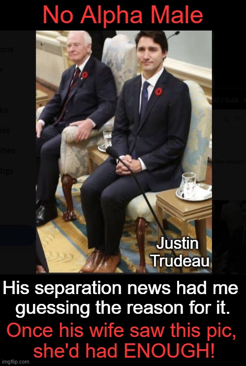Don't underestimate the value of MASCULINITY, toxic or not... | No Alpha Male; Justin 
Trudeau; His separation news had me 
guessing the reason for it. Once his wife saw this pic, 
she'd had ENOUGH! | image tagged in politics,justin trudeau,soyboy,weakness,men and women,know the difference | made w/ Imgflip meme maker