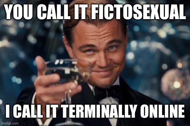 Fictosexual = attracted to fictional characters | YOU CALL IT FICTOSEXUAL; I CALL IT TERMINALLY ONLINE | image tagged in memes,leonardo dicaprio cheers | made w/ Imgflip meme maker