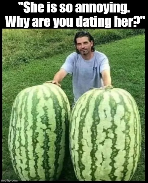 "She is so annoying.  Why are you dating her?" | image tagged in boobs,big boobs,boobies,boom boom boobs,dating,relationships | made w/ Imgflip meme maker