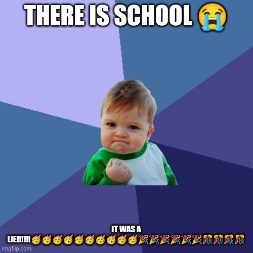 NO SCHOOL C: | THERE IS SCHOOL 😭; IT WAS A LIE!!!!!!🥳🥳🥳🥳🥳🥳🥳🥳🥳🥳🎉🎉🎉🎉🎉🎉🎊🎊🎊🎊 | image tagged in memes,success kid | made w/ Imgflip meme maker