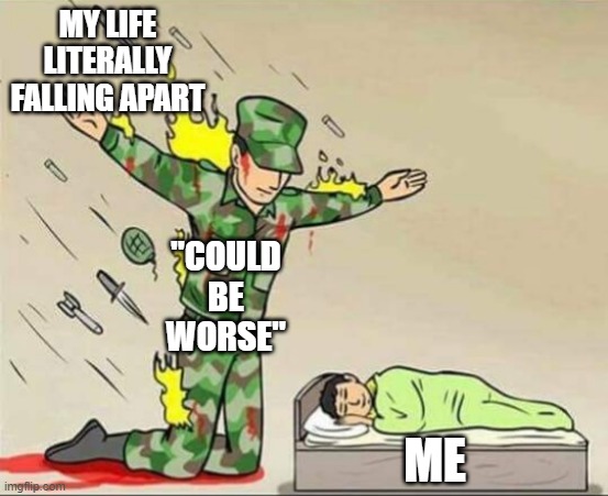Could Be Worse | MY LIFE LITERALLY FALLING APART; "COULD BE WORSE"; ME | image tagged in soldier protecting sleeping child | made w/ Imgflip meme maker