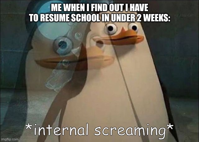 Private Internal Screaming | ME WHEN I FIND OUT I HAVE TO RESUME SCHOOL IN UNDER 2 WEEKS: | image tagged in private internal screaming | made w/ Imgflip meme maker