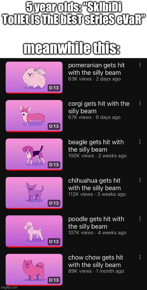 Dog gets hit with silly beam is goated | 5 year olds: “SkIbiDi ToIlEt Is ThE bEsT sErIeS eVaR”; meanwhile this: | made w/ Imgflip meme maker