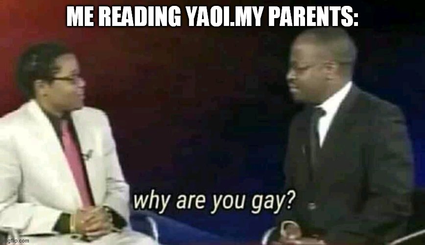 yaoi equal gay | ME READING YAOI.MY PARENTS: | image tagged in why are you gay,yaoi | made w/ Imgflip meme maker