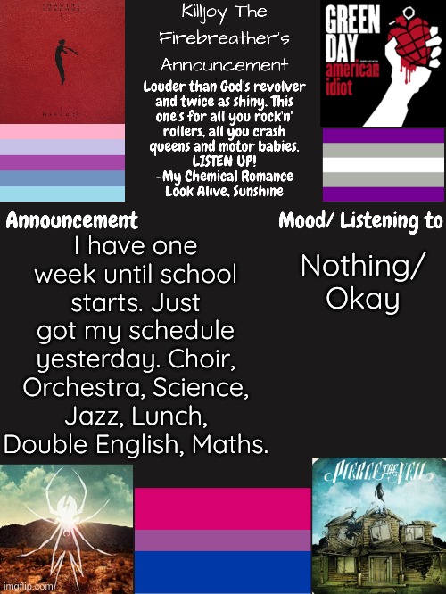 I might have 2 periods in Math | Nothing/ Okay; I have one week until school starts. Just got my schedule yesterday. Choir, Orchestra, Science, Jazz, Lunch, Double English, Maths. | image tagged in school | made w/ Imgflip meme maker