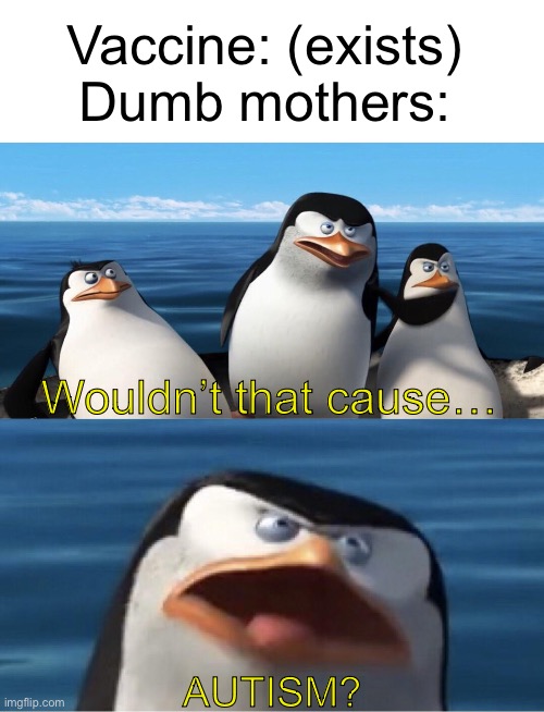Wouldn't that make you | Vaccine: (exists)
Dumb mothers:; Wouldn’t that cause…; AUTISM? | image tagged in wouldn't that make you | made w/ Imgflip meme maker