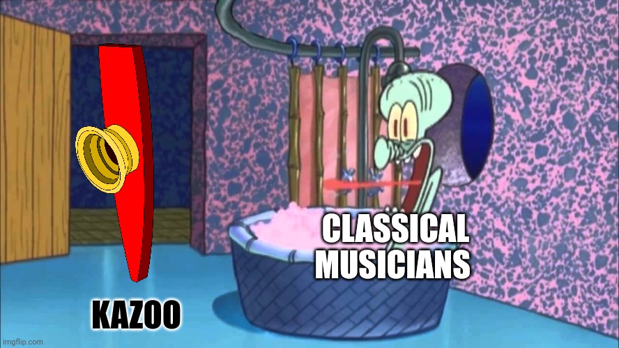 Kazoos aren't real instruments | CLASSICAL MUSICIANS; KAZOO | image tagged in who dropped by squidward's house | made w/ Imgflip meme maker