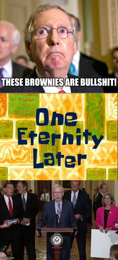 Bye bye brain | THESE BROWNIES ARE BULLSHIT! | image tagged in mitch mcconnell,one eternity later spongebob,brownies | made w/ Imgflip meme maker