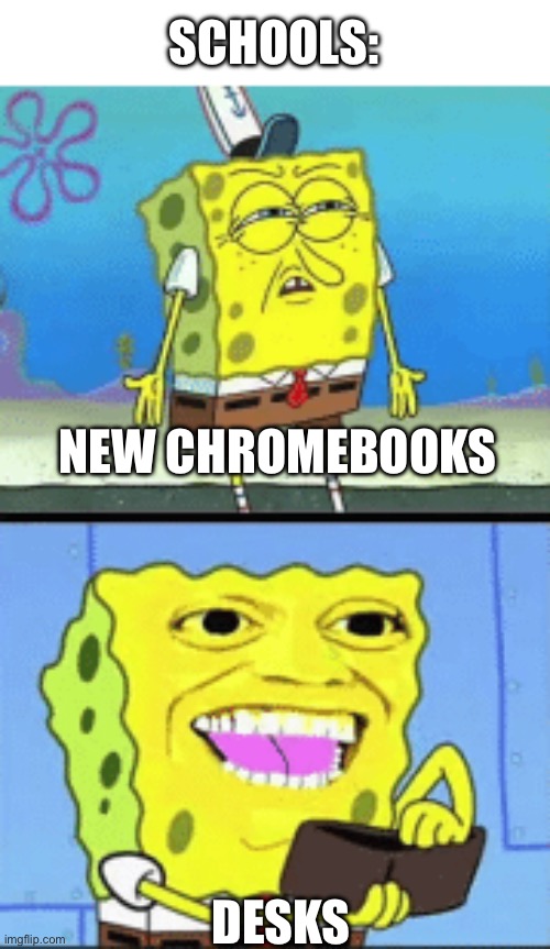 Dumb | SCHOOLS:; NEW CHROMEBOOKS; DESKS | image tagged in spongebob money,funny,memes,school,money decision | made w/ Imgflip meme maker