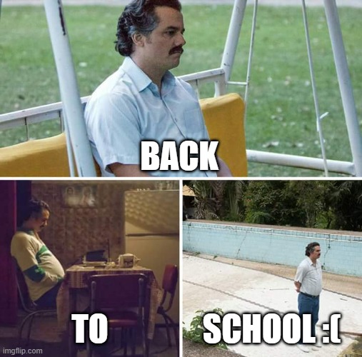 Sad Pablo Escobar | BACK; TO; SCHOOL :( | image tagged in memes,sad pablo escobar | made w/ Imgflip meme maker
