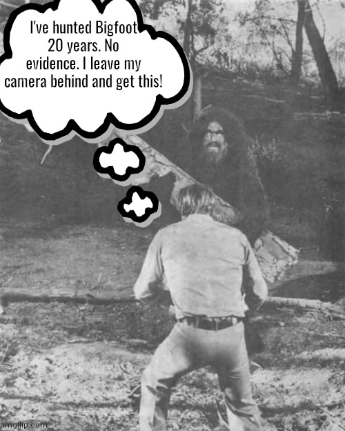 Bigfoot hunter confrontation | I've hunted Bigfoot 20 years. No evidence. I leave my camera behind and get this! | image tagged in steve | made w/ Imgflip meme maker