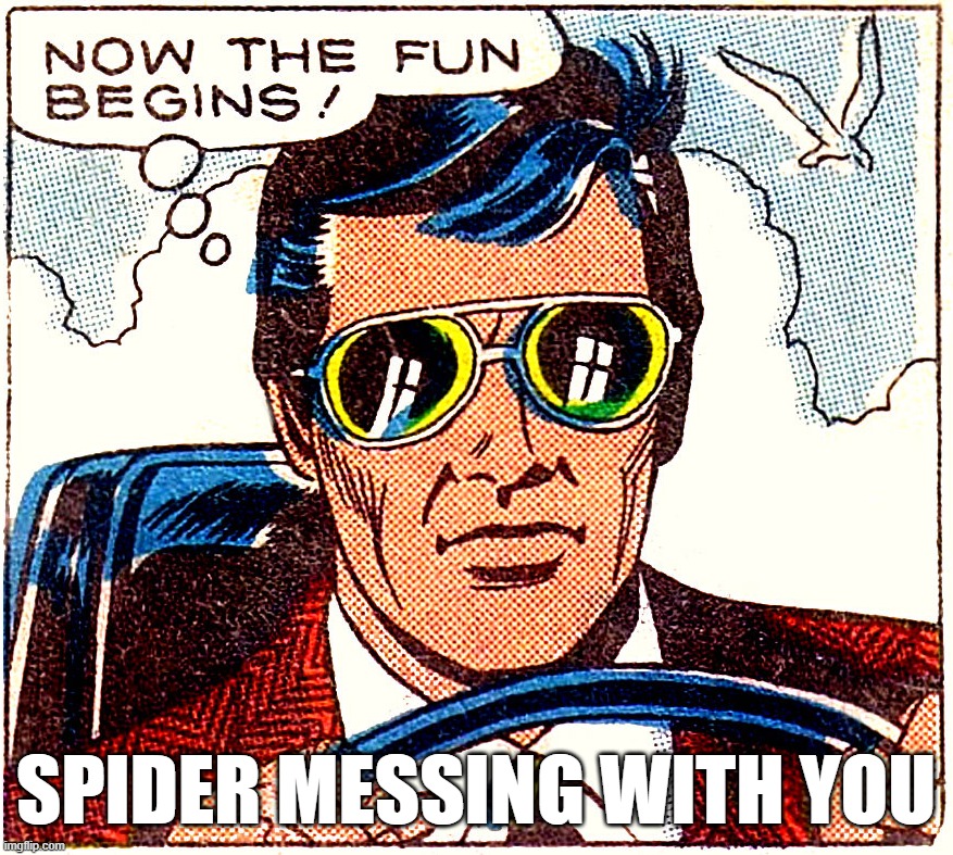 fun begins | SPIDER MESSING WITH YOU | image tagged in fun begins | made w/ Imgflip meme maker
