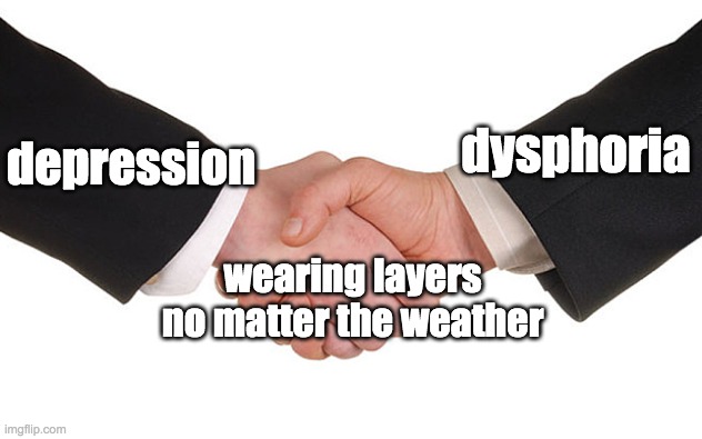 yes i am hot no i will not take off my hodie | dysphoria; depression; wearing layers no matter the weather | image tagged in business handshake | made w/ Imgflip meme maker