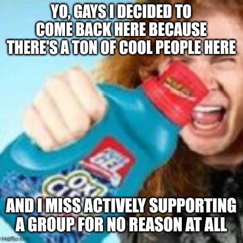 shitpost | YO, GAYS I DECIDED TO COME BACK HERE BECAUSE THERE'S A TON OF COOL PEOPLE HERE; AND I MISS ACTIVELY SUPPORTING A GROUP FOR NO REASON AT ALL | image tagged in shitpost | made w/ Imgflip meme maker