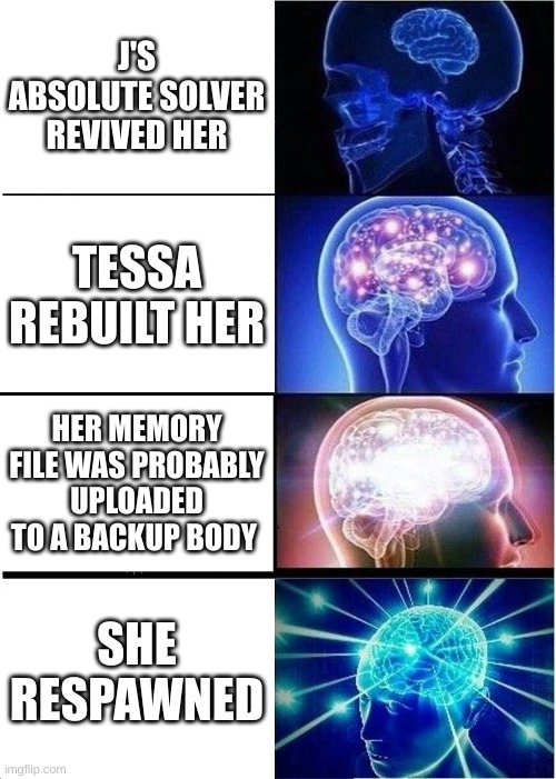 Comment down below how you think she came back! | J'S ABSOLUTE SOLVER REVIVED HER; TESSA REBUILT HER; HER MEMORY FILE WAS PROBABLY UPLOADED TO A BACKUP BODY; SHE RESPAWNED | image tagged in memes,expanding brain,murder drones | made w/ Imgflip meme maker