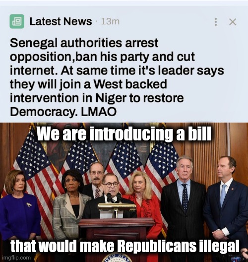 A look into the future | We are introducing a bill; that would make Republicans illegal | image tagged in house democrats,communism,fascism,absolute power,politicians suck,they're coming for you | made w/ Imgflip meme maker