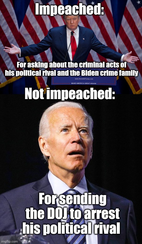 BANANA REPUBLIC | Impeached:; For asking about the criminal acts of his political rival and the Biden crime family; Not impeached:; For sending the DOJ to arrest his political rival | image tagged in donald trump,joe biden,usa,banana republic | made w/ Imgflip meme maker