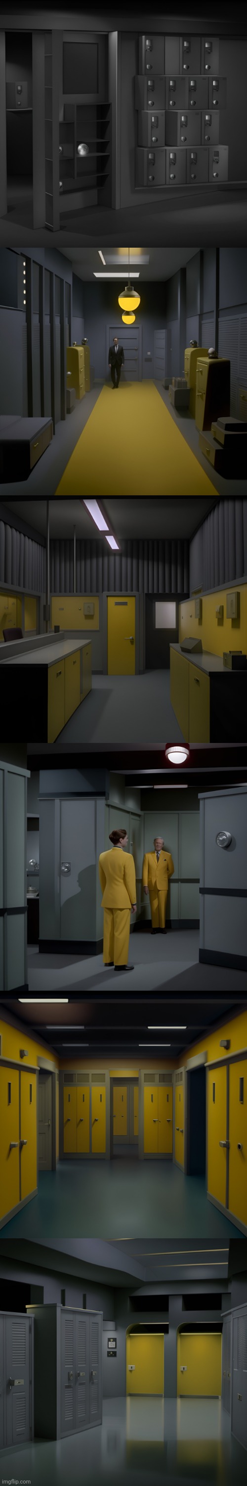 Scenes from the infamous lost Twilight Zone episode about the Backrooms, wherein everything goes from black and white to yellow | image tagged in ai art,the backrooms,twilight zone | made w/ Imgflip meme maker
