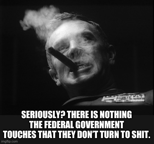General Ripper (Dr. Strangelove) | SERIOUSLY? THERE IS NOTHING THE FEDERAL GOVERNMENT TOUCHES THAT THEY DON’T TURN TO SHIT. | image tagged in general ripper dr strangelove | made w/ Imgflip meme maker