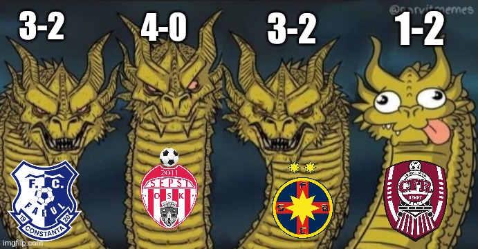 Farul, Sepsi, FCSB QUALIFIED! CFR unfortunately out from UCFL | 4-0; 1-2; 3-2; 3-2 | image tagged in 4 headed dragon,farul,sepsi,fcsb,cfr cluj,conference league | made w/ Imgflip meme maker