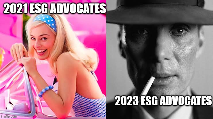 Barbie vs Oppenheimer - Barbenheimer | 2021 ESG ADVOCATES; 2023 ESG ADVOCATES | image tagged in barbie vs oppenheimer - barbenheimer | made w/ Imgflip meme maker