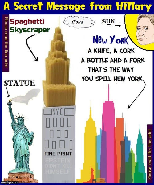 Hillary wants to share a secret. Like her server, it's hidden! | image tagged in vince vance,hillary clinton,new york city,statue of liberty,spaghetti,secret message | made w/ Imgflip meme maker
