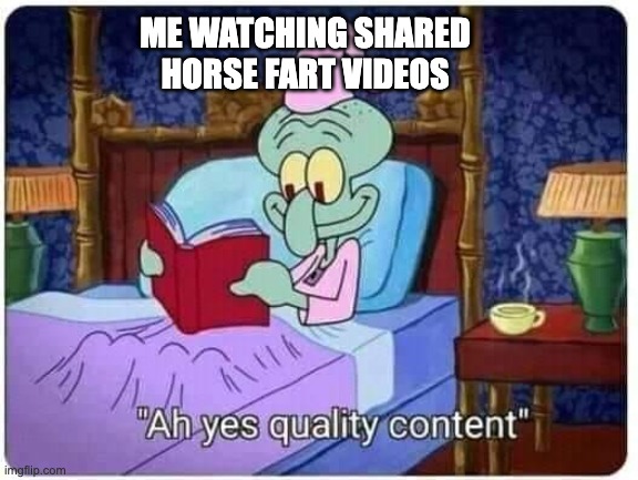 Horse Farts R US | ME WATCHING SHARED HORSE FART VIDEOS | image tagged in squidwars quality content | made w/ Imgflip meme maker