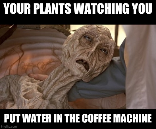 So true though | YOUR PLANTS WATCHING YOU; PUT WATER IN THE COFFEE MACHINE | image tagged in alien dying,meme,memes,funny,fun,funny memes | made w/ Imgflip meme maker